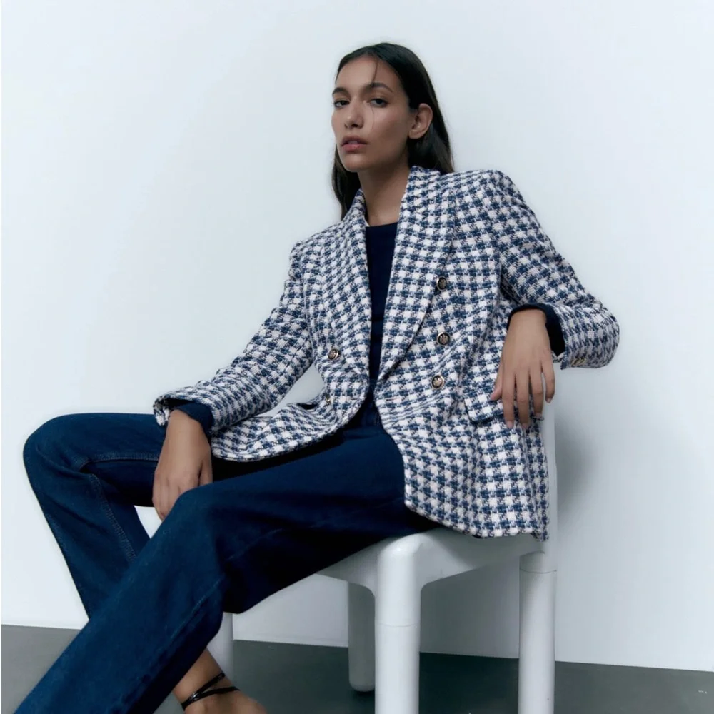 NWT Zara double breasted textured jacket blazer lapel collar shoulder pads - Picture 4 of 10